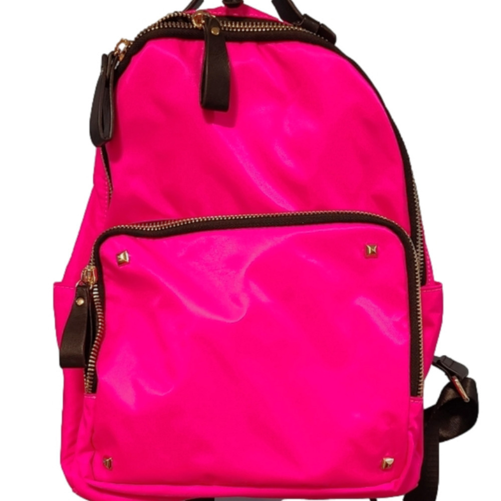 NWT MMS Design Studio Bright Pink Satin Backpack With Black Accents
